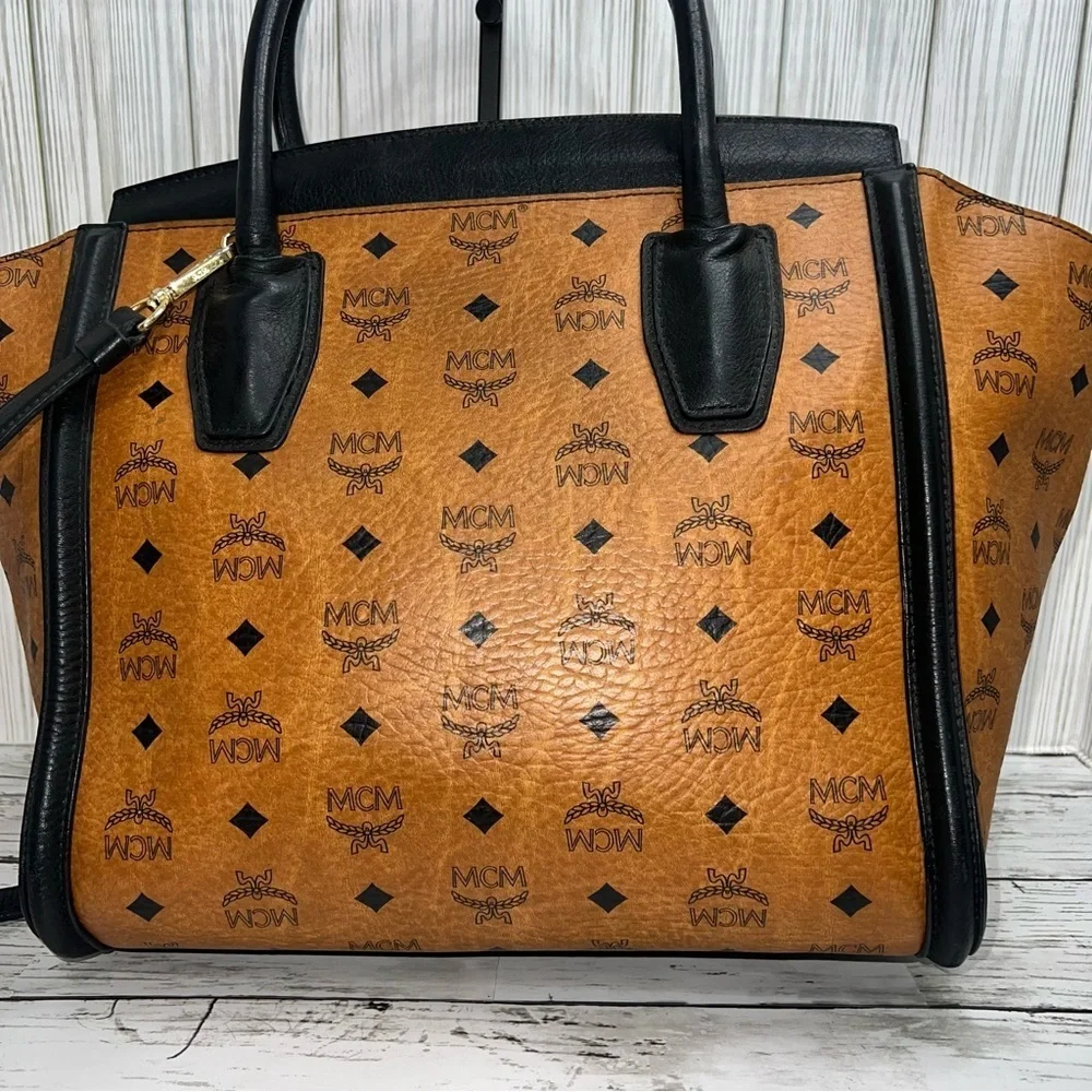 MCM Vintage Cognac Visetos Tote Bag Black Leather Trim Satchel Handbag